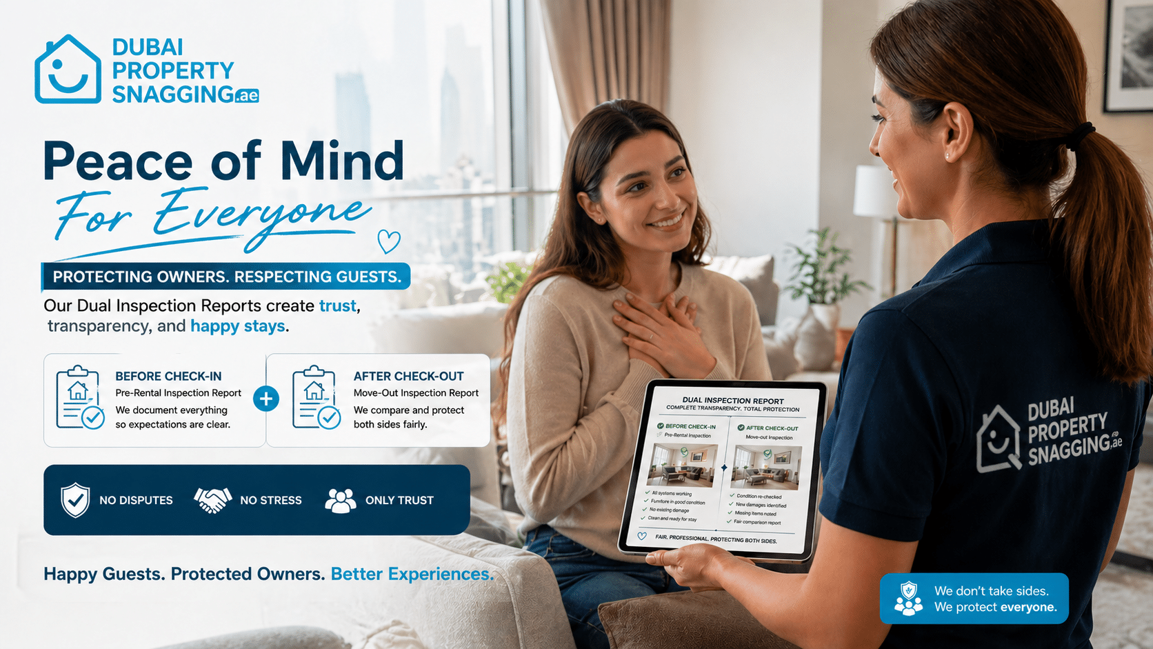 Two women in a living room a client smiling at an inspector holding a tablet for a Dubai Property Snagging ® banner