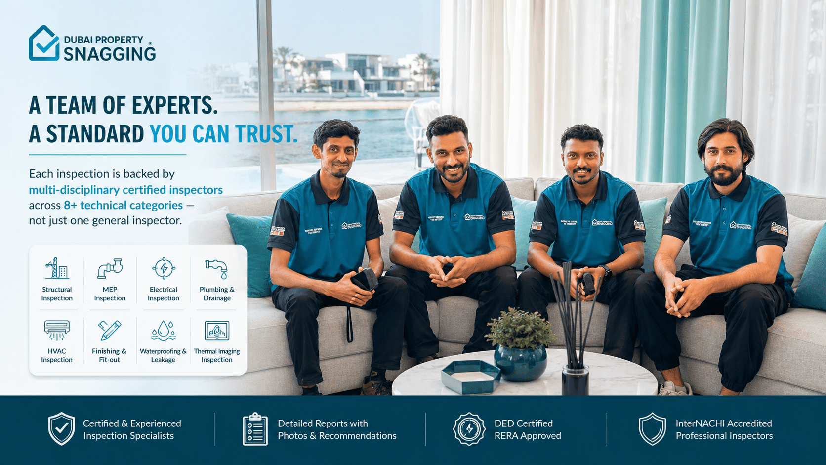 Four inspectors in teal polo shirts sit on a sofa beside a blue banner that reads A TEAM OF EXPERTS YOU CAN TRUST with the Dubai Property Snagging ® logo