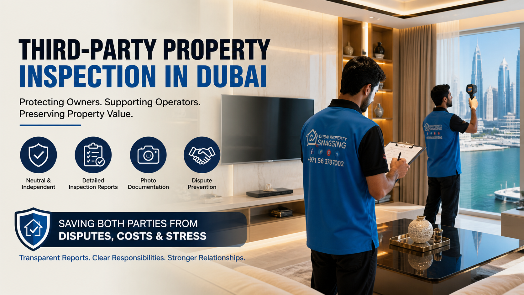 Dubai third party property inspection banner showing two inspectors in blue vests in a modern living room with skyline view