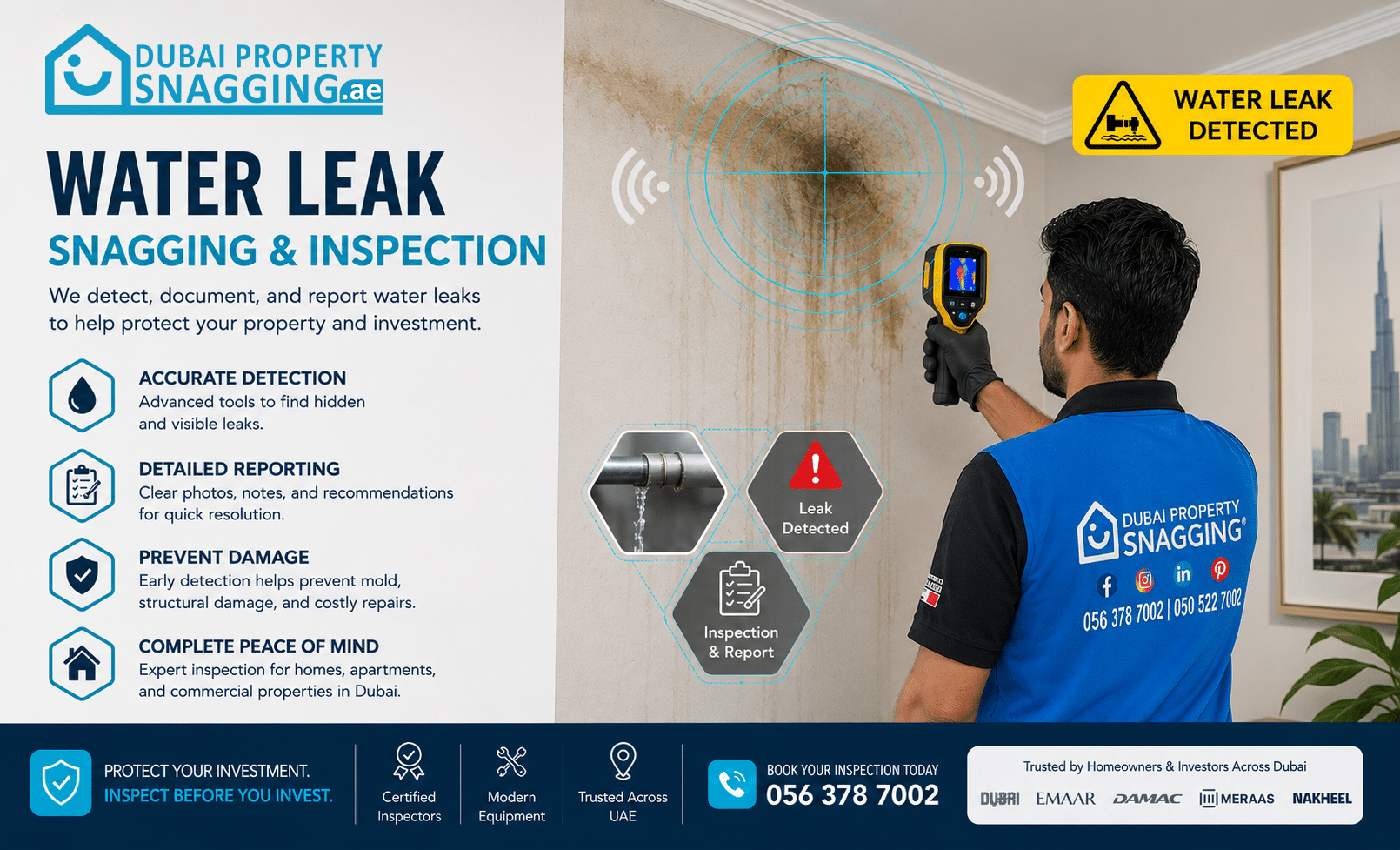 Water leak detection promo banner technician uses a handheld device on a wall with leak rings Dubai Property Snagging ® branding and bold WATER LEAK SNAGGING  INSPECTION text on the left panel