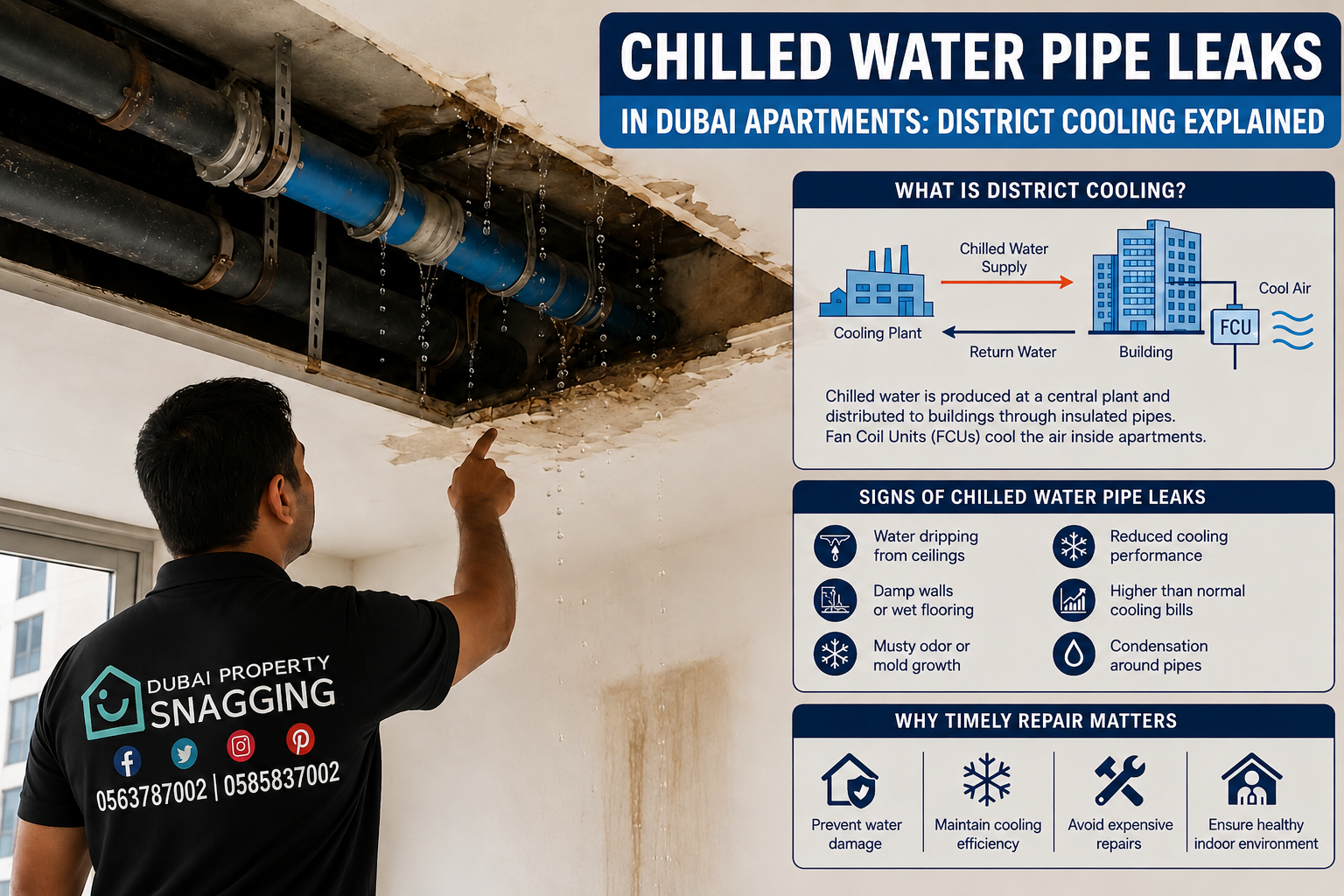 Technician points at dripping ceiling pipes beside a large poster about chilled water leaks in a Dubai building