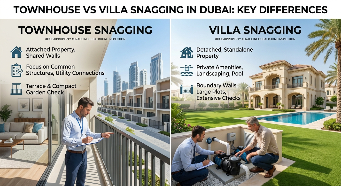 Split screen townhouse snagging on the left with an inspector listing items from a balcony villa snagging on the right with two men inspecting pool gear by a villa