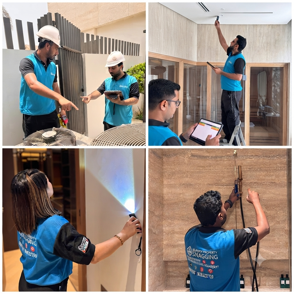 Gemini_Generated_Image_b4h7fmb4h7fmb4h7 - Dubai Property Snagging ® Two construction workers wearing blue vests and hard hats discuss near outdoor equipment and fencing