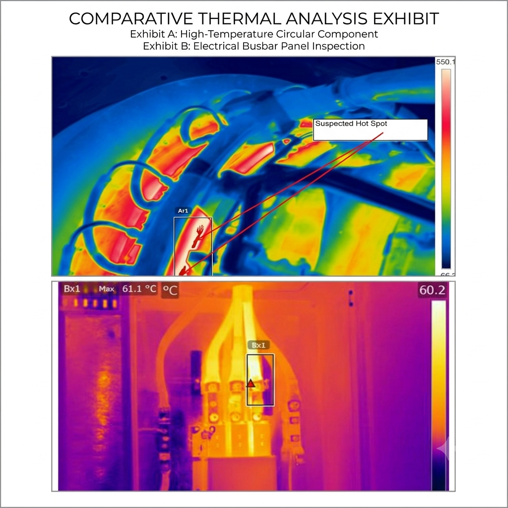 Two thermographic panels comparing high temperature components a suspected hot spot highlighted on a handarm harness area with color scale on the side