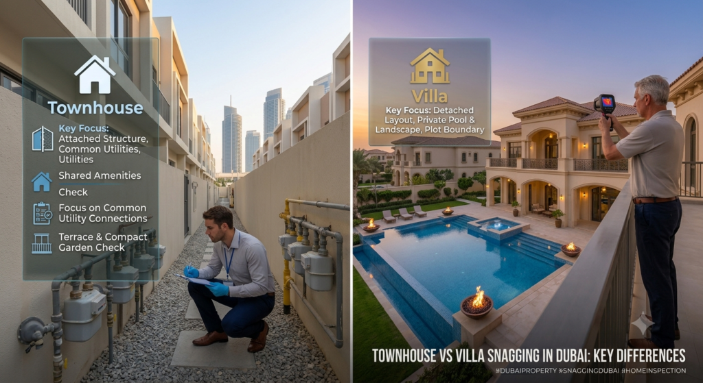Split image left panel shows a technician inspecting utility meters near pipes beside a townhouse right panel shows a luxury villa with a pool at dusk and a man using a device on the balcony