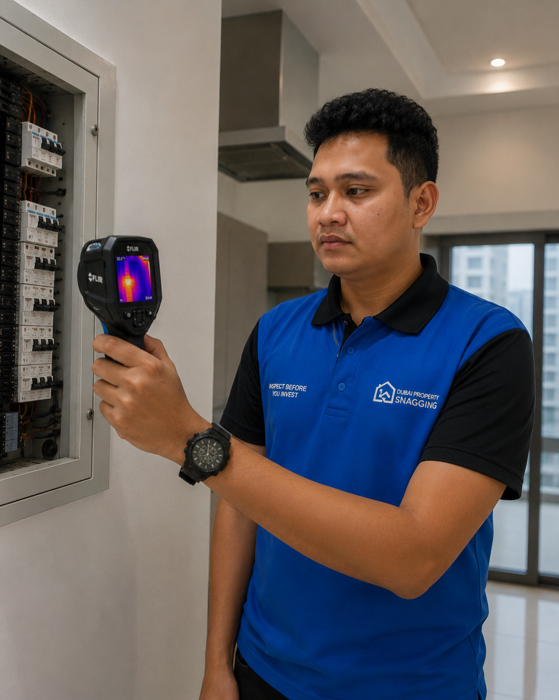 Male technician in a blue polo shirt uses a handheld infrared camera to inspect an electrical panel mounted in a wall.