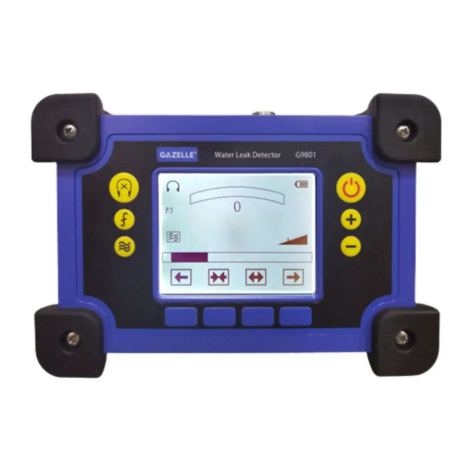 Blue handheld water leak detector with a colored LCD display and yellow circular control buttons on the sides