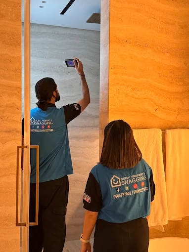 Certified inspector using a FLIR thermal camera during a property snagging inspection in Dubai