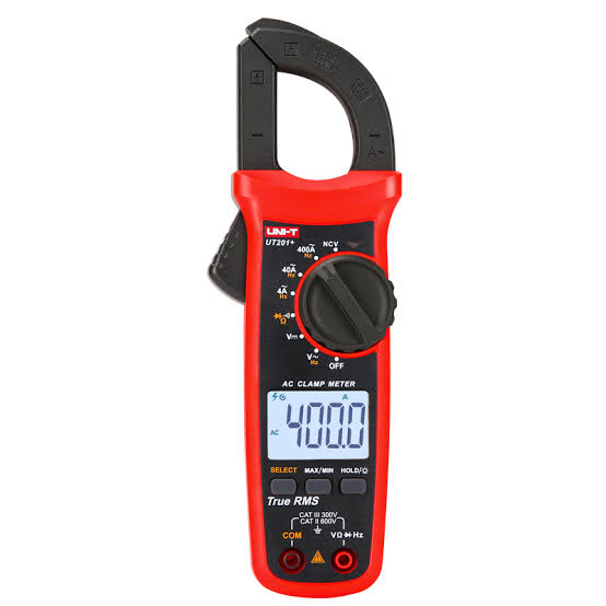 Clamp meter measuring live electrical current draw